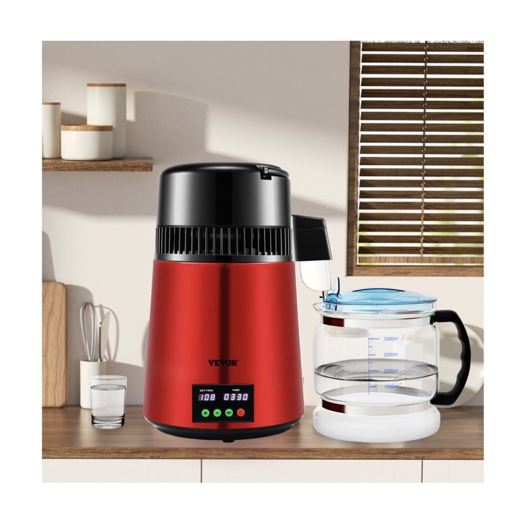 4L destilátor vody 1 L/h 750 W s displejem nastavení času 0–99 h, 304 nerezová ocel, stolní skleněný destilátor, čisticí prášek do karafy (3 ks), uhlí, červený