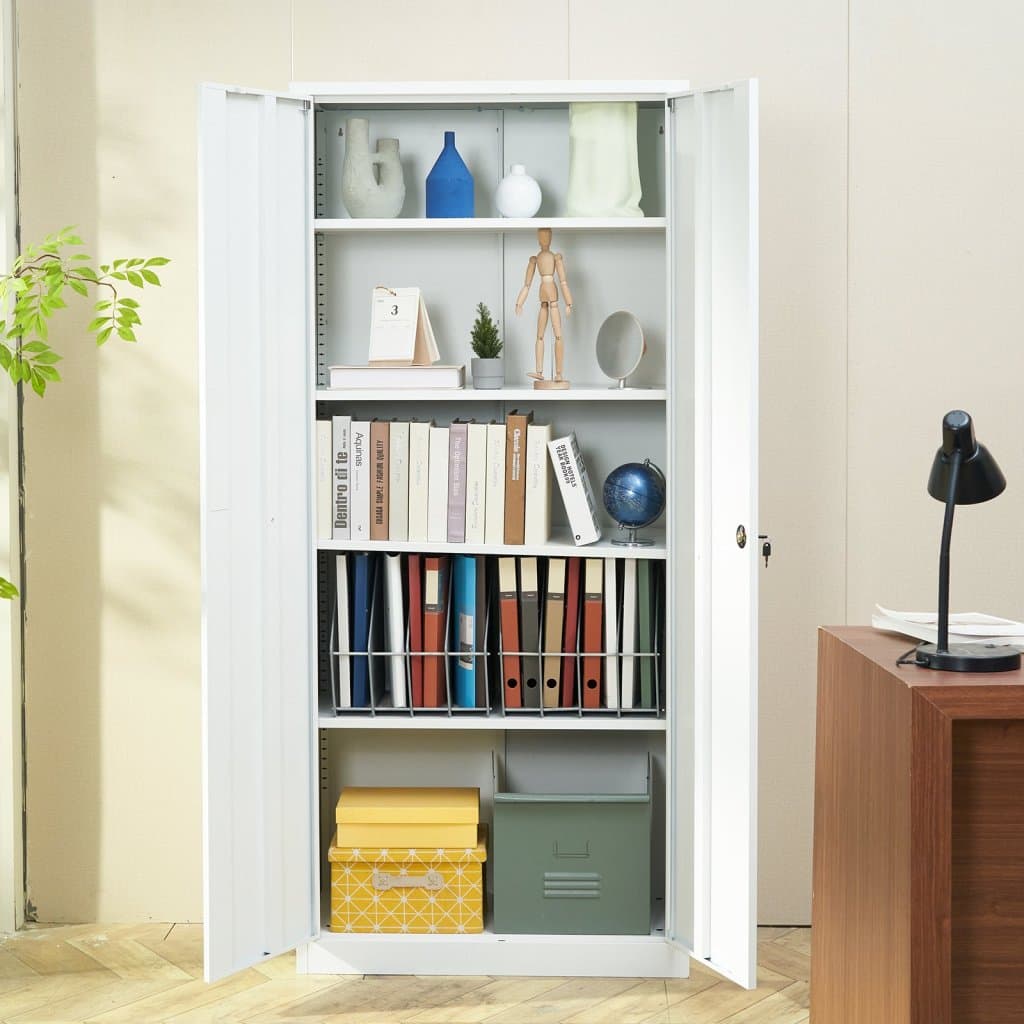 Kovová úložná skříň, ocelová uzamykatelná úložná skříň se 2 magnetickými dveřmi a 4 nastavitelnými policemi, 71" kovová skříň s nosností 200 liber na polici, s 3 klíči, do kanceláře, domu, garáže, bílá