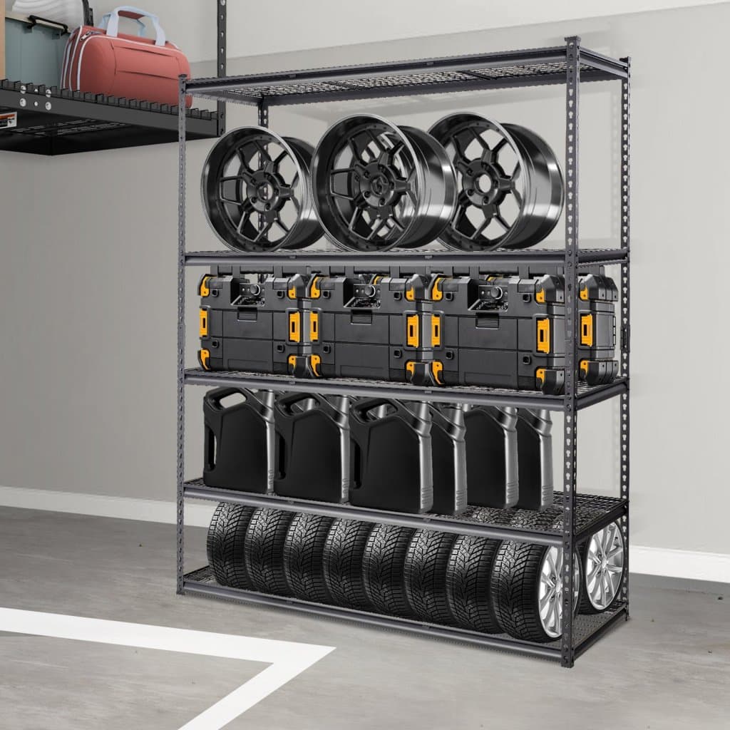 Skladový regál, 5patrový, nastavitelný, nosnost 900 kg, odolný garážový regál, kovový organizér, drátěná police, černý, 152 cm d. x 61 cm š. x 218 cm v., do kuchyně, spíže, sklepa, koupelny, prádelny