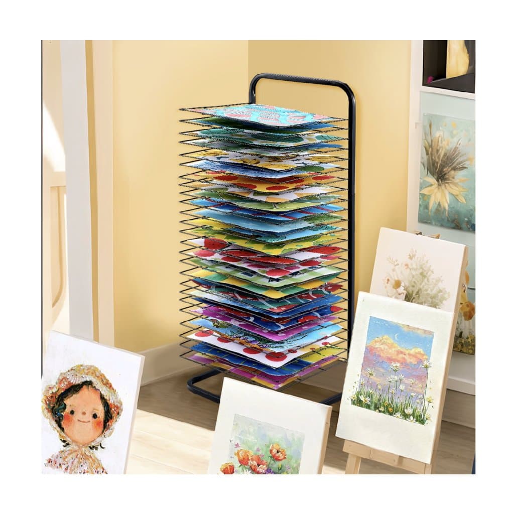 Sušák na umělecké barvy 25 vyjímatelných polic na kolečkách, černý