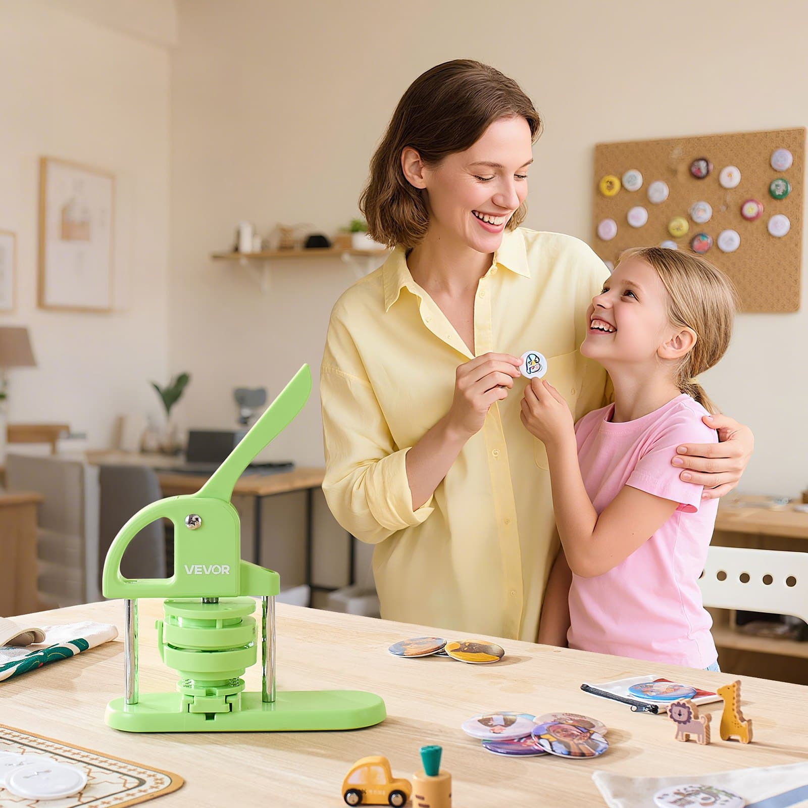 Stroj na výrobu knoflíků, 75 mm, plastový stroj na výrobu připínaček s 100 díly na knoflíky, vykružovač a kouzelná knížka, zesílená ergonomická rukojeť, pro výrobu DIY odznaků, personalizovaných připínaček a přívěsků, zelený