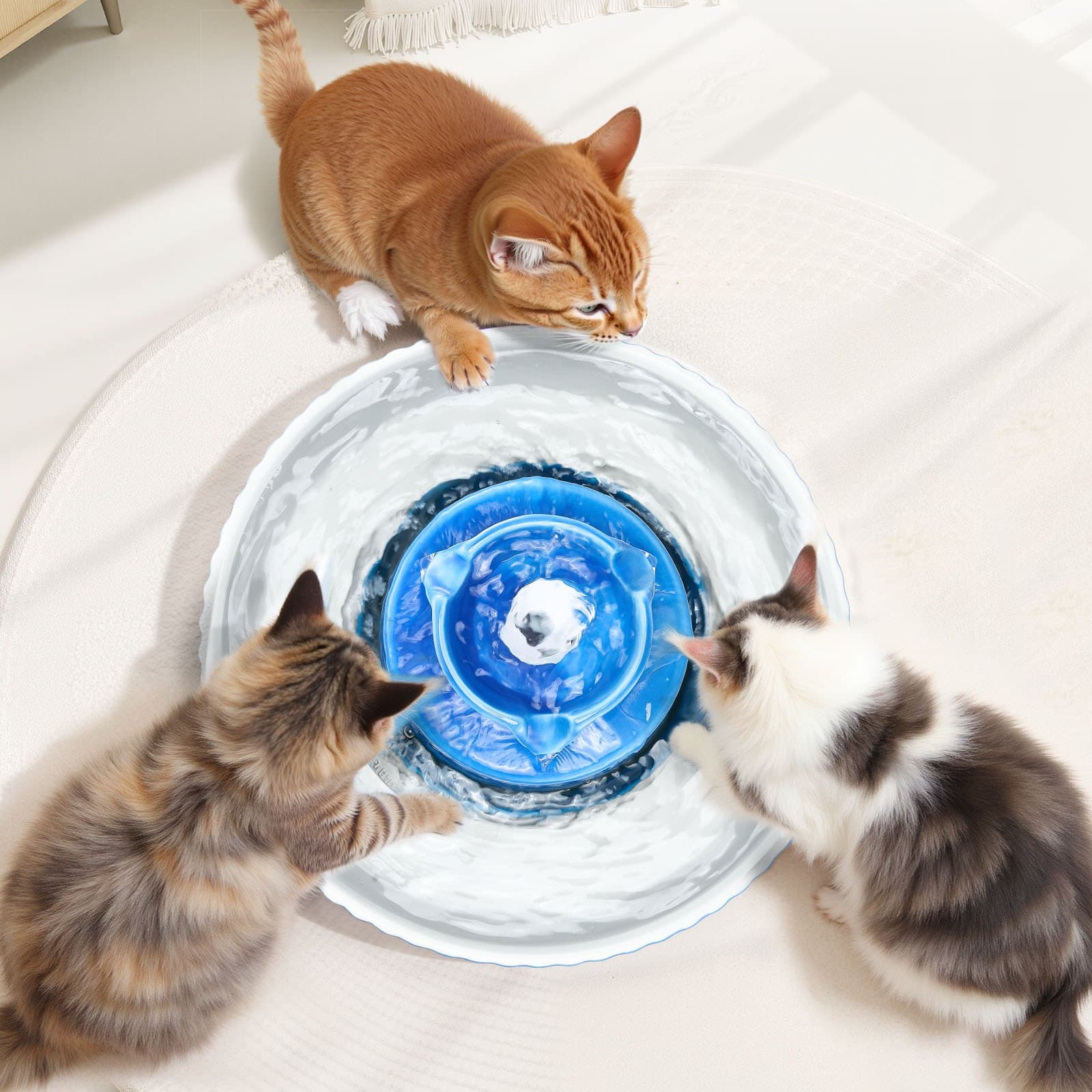 Keramická fontána pro kočky, Cupcake Pet 2,1 l, porcelánový dávkovač vody pro kočky s ultra tichým čerpadlem, 360° napájecí oblast a vícestupňový filtrační systém, pro kočky a psy (modrá)