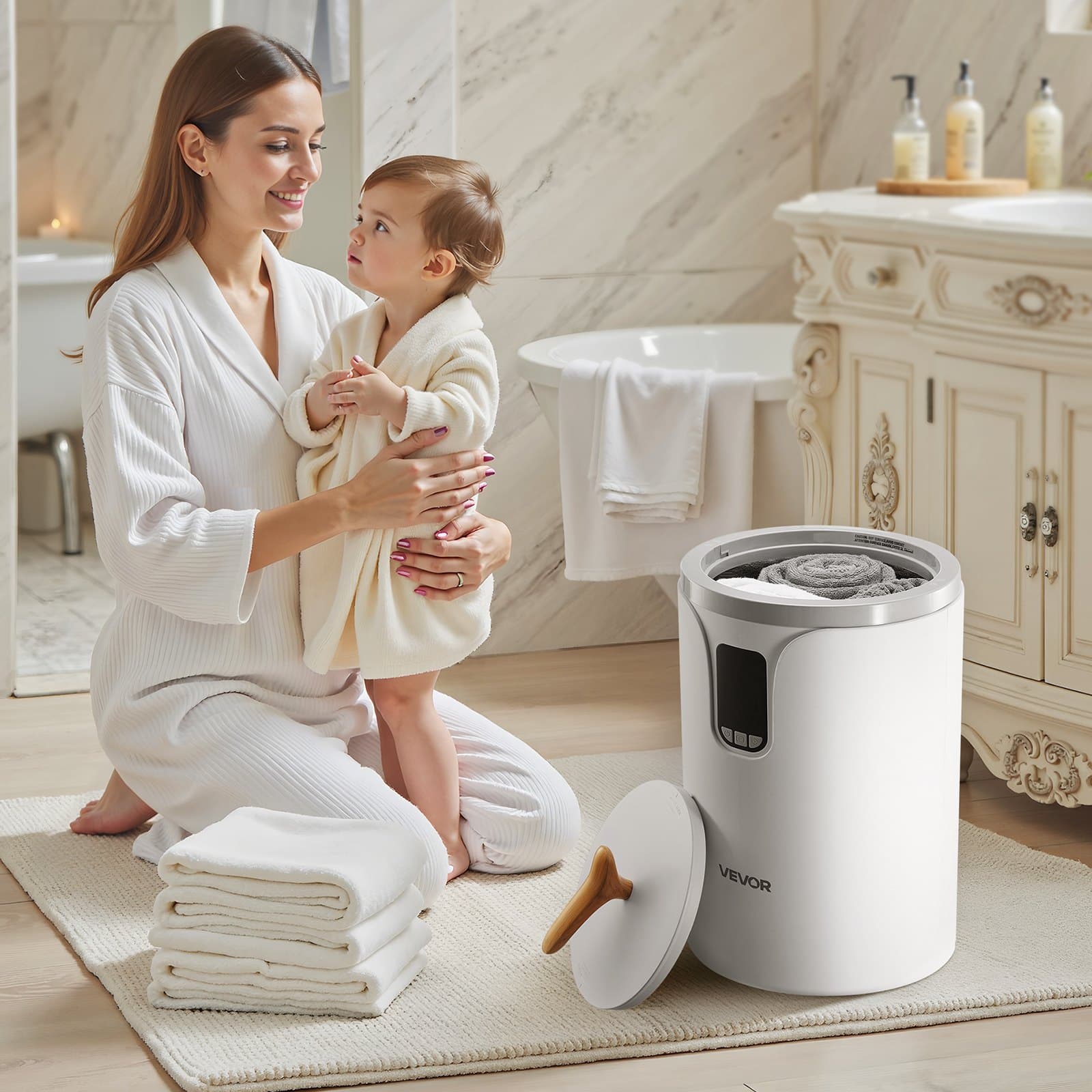 Ohřívač ručníků, 20 l, ohřívač ručníků s LED displejem, velký ohřívač přikrývek do koupelny, časovač a nastavení teploty, bezpečnostní zámek, ideální pro lázně, domov, na desku, na podlahu, bílá