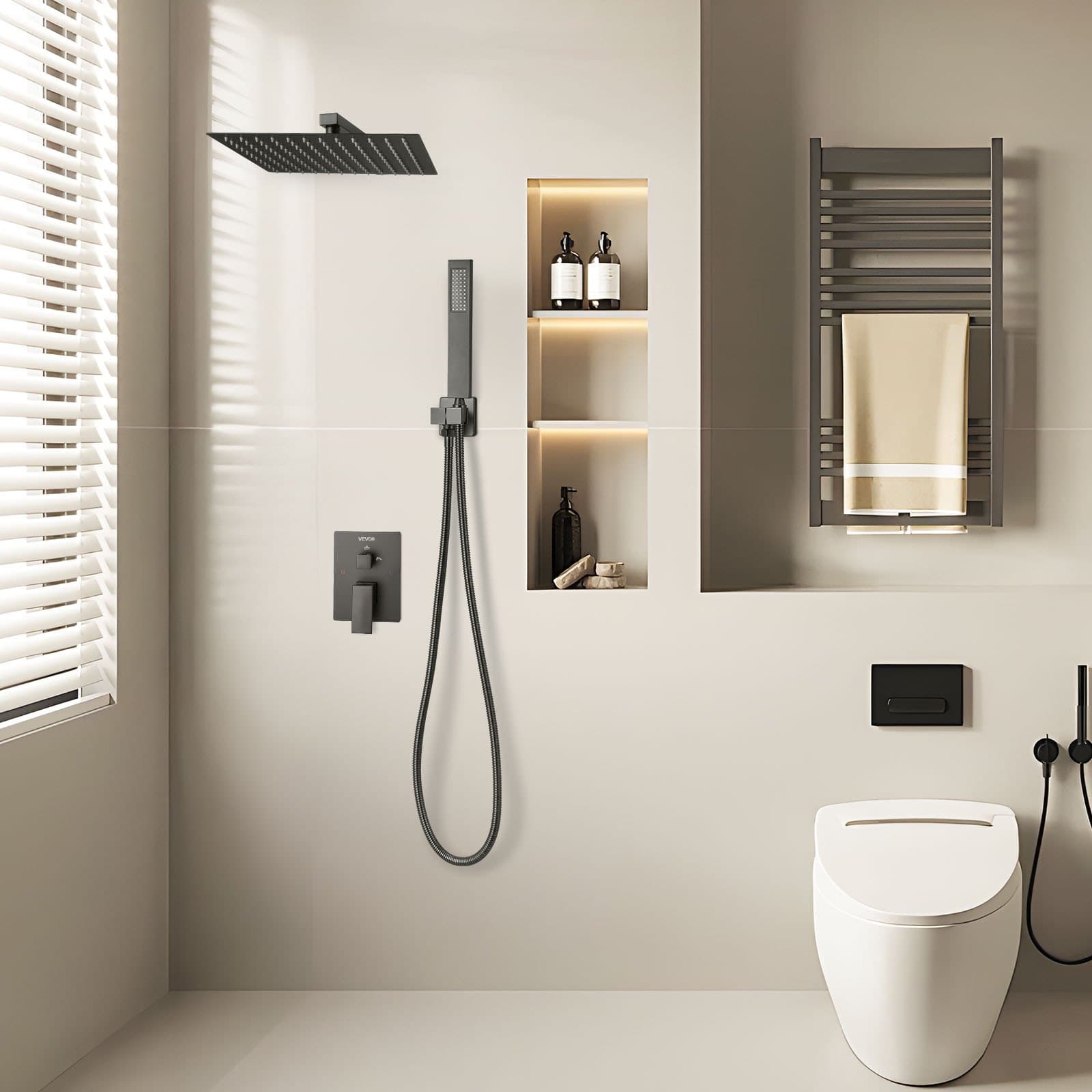 Sada sprchové baterie, sprchový systém s dešťovou hlavicí do koupelny, 12palcová (30,5 cm) čtvercová sprchová hlavice a ruční sprcha, nástěnná baterie pro vanu s mosazným ventilem a krytem, matná černá