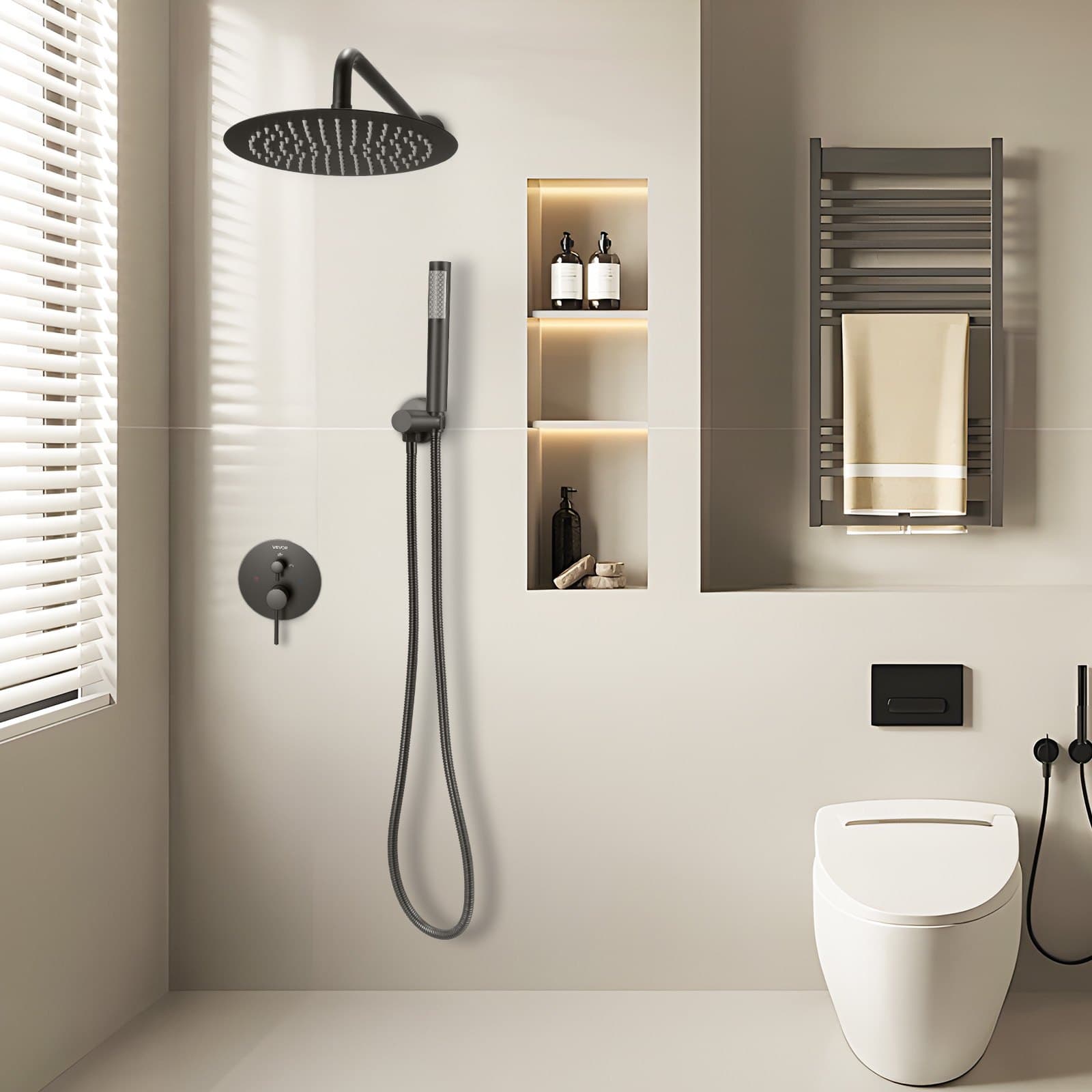 Sada sprchové baterie, sprchový systém s dešťovou hlavicí do koupelny, kulatá sprchová hlavice o průměru 8 palců (20,3 cm) a ruční sprcha, nástěnná baterie pro vanu s mosazným ventilem a krytem, matná černá