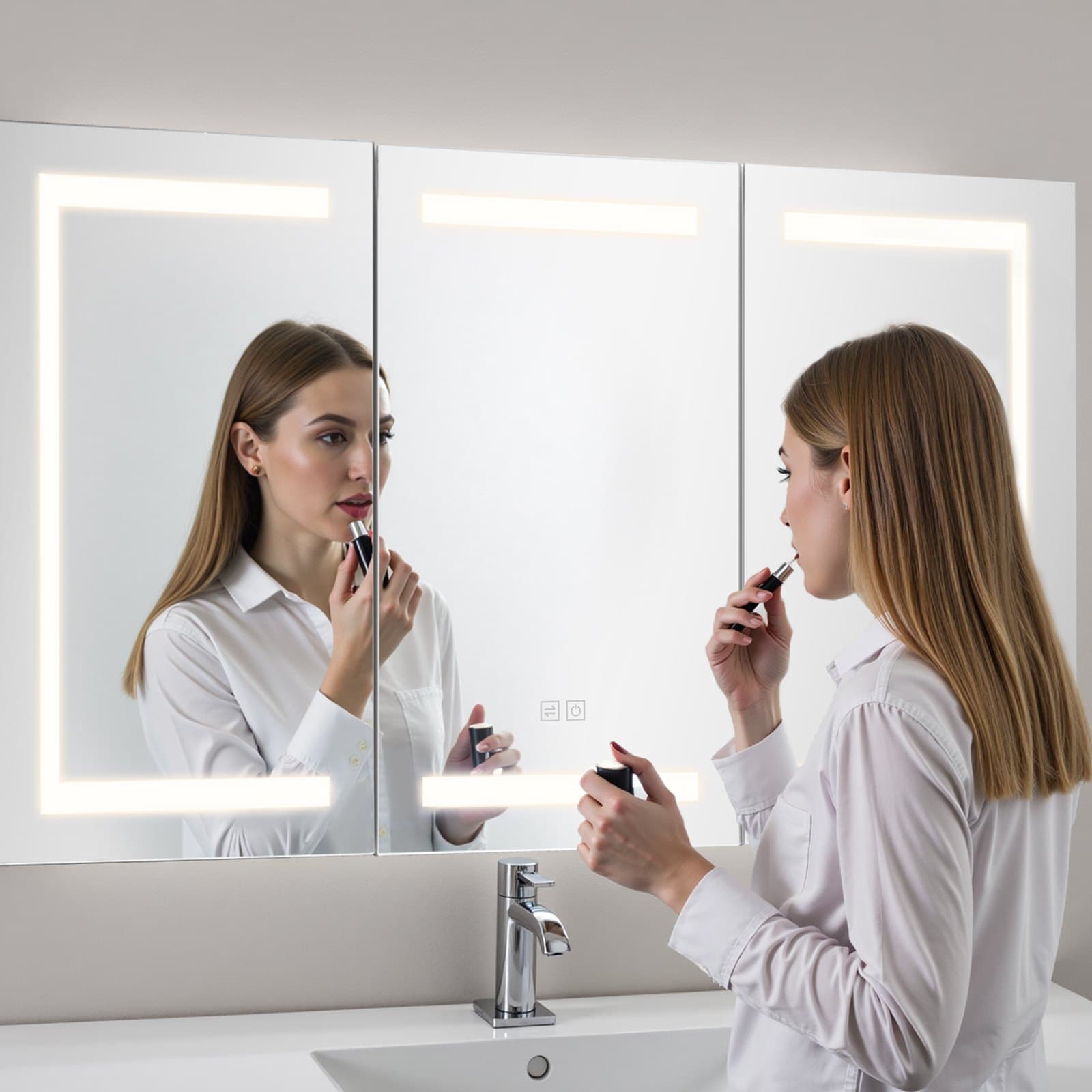 Osvětlená lékárnička se zrcadlem, 100 x 60 cm, nástěnná, trojbarevná stmívatelná LED lékárnička do koupelny se zrcadlem z tvrzeného skla, funkcí paměti nastavení, 2 nastavitelnými policemi, zásuvkami a USB porty