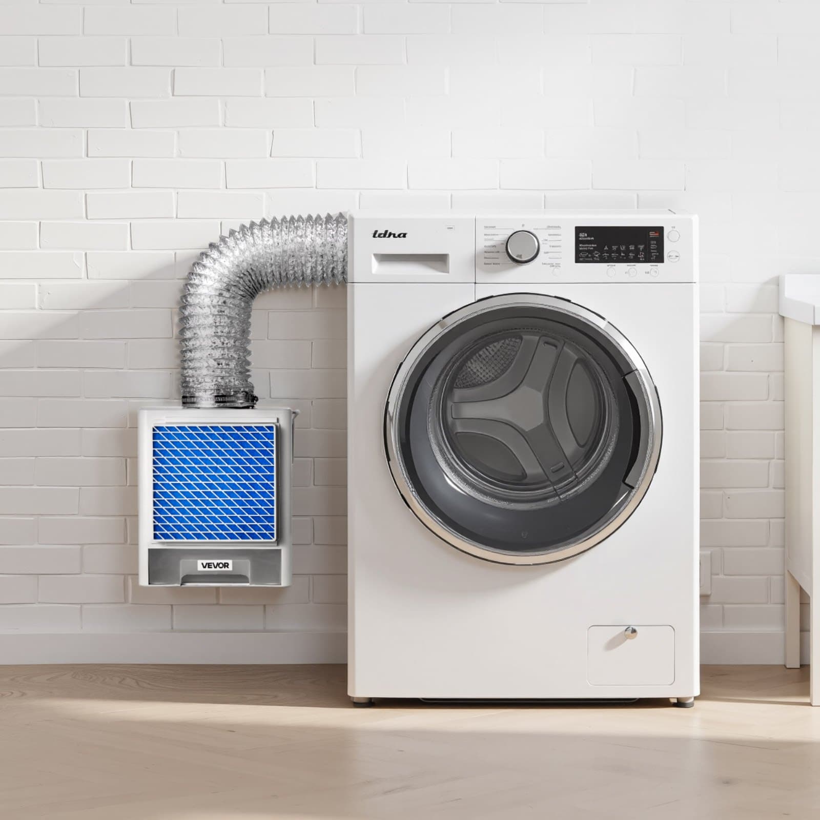 3v1 ventilační sada pro sušičku do vnitřního použití, vyrobená z kvalitního ABS materiálu, s nádobkou na vodu, pasuje na výstupní otvor o průměru 99 mm, kryt s inteligentním upozorněním na přehřátí a 4 čisticími vložkami, pro elektrické sušičky prádla