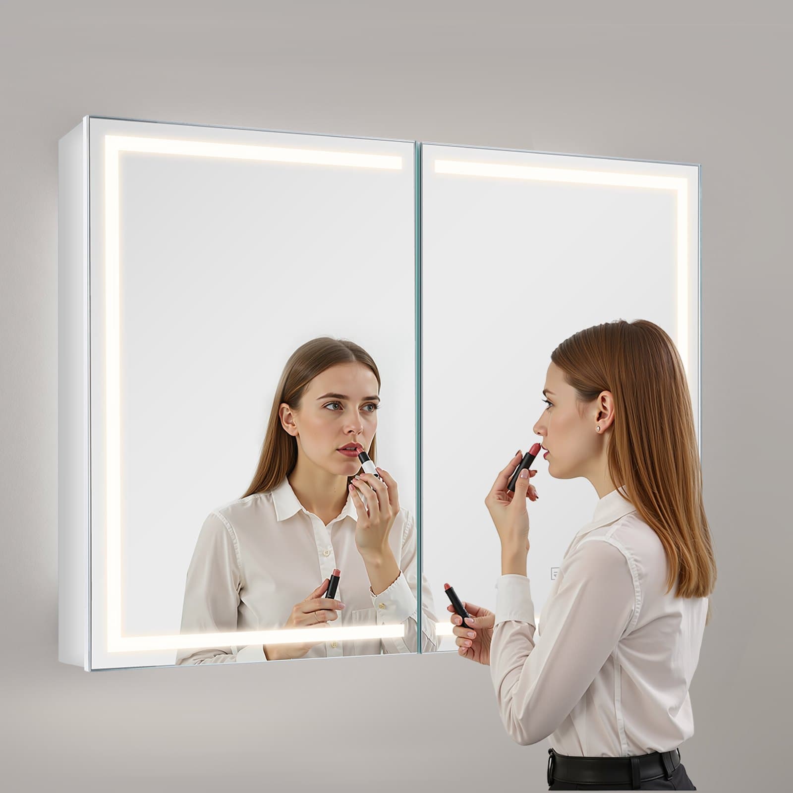 Osvětlená lékárnička se zrcadlem, 60 x 80 cm, nástěnná, tříbarevná stmívatelná LED lékárnička se zrcadlem HD, funkcí paměti nastavení, nastavitelnými policemi, zásuvkami a USB porty