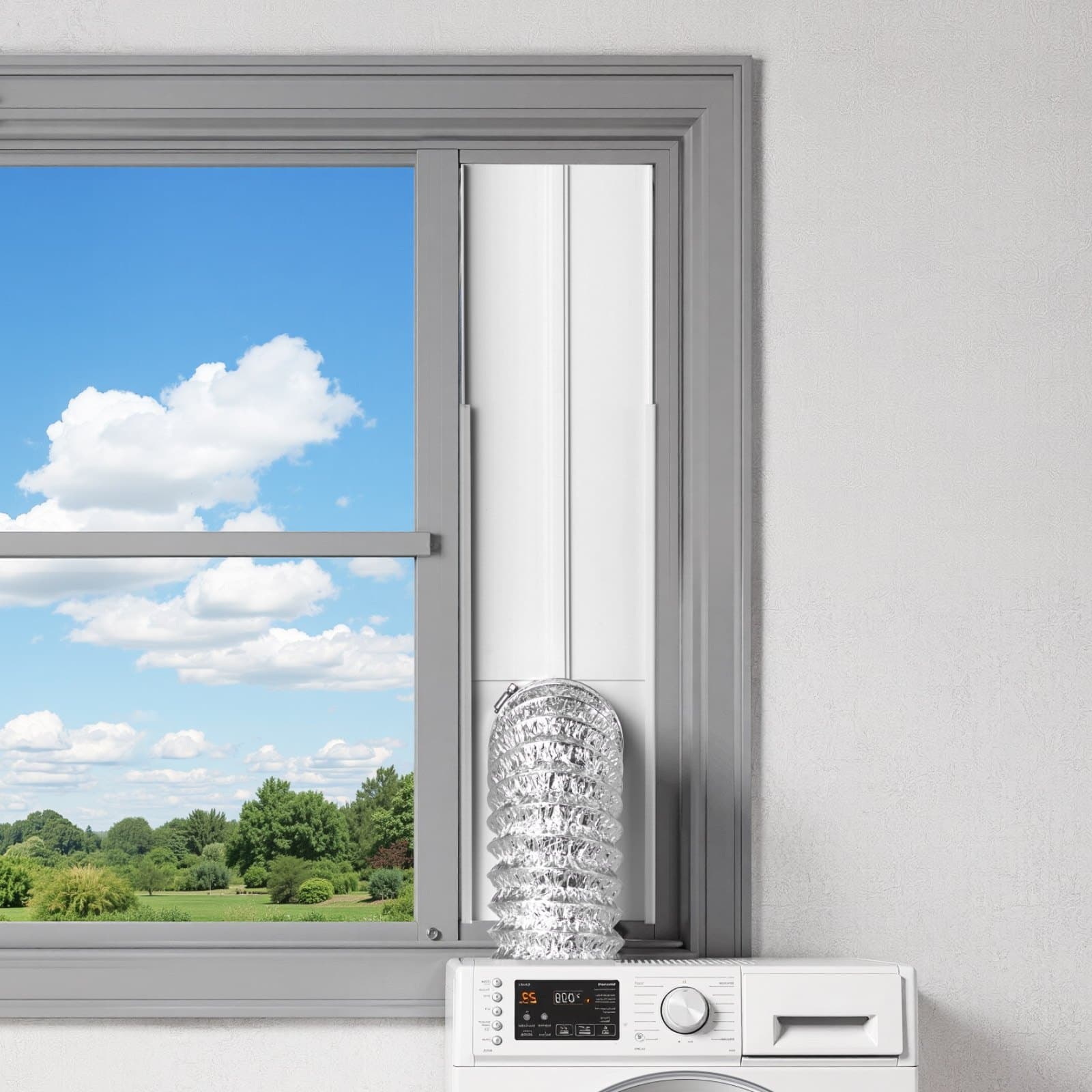 Sada ventilačních oken pro sušičku, pasuje na odtahové potrubí o průměru 101,6 mm, nastavitelná délka přizpůsobená posuvným oknům různé výšky, odolné materiály PVC a PP, dvojitá ochrana a vícestupňová těsnící konstrukce