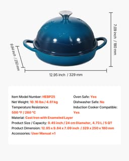 Smaltovaný litinový hrnec 4,7 l na pečení kváskového chleba, odolný hrnec s víkem a dvěma držadly, kompatibilní s indukční troubou do 260 °C, na vaření a pečení - miniatura 11