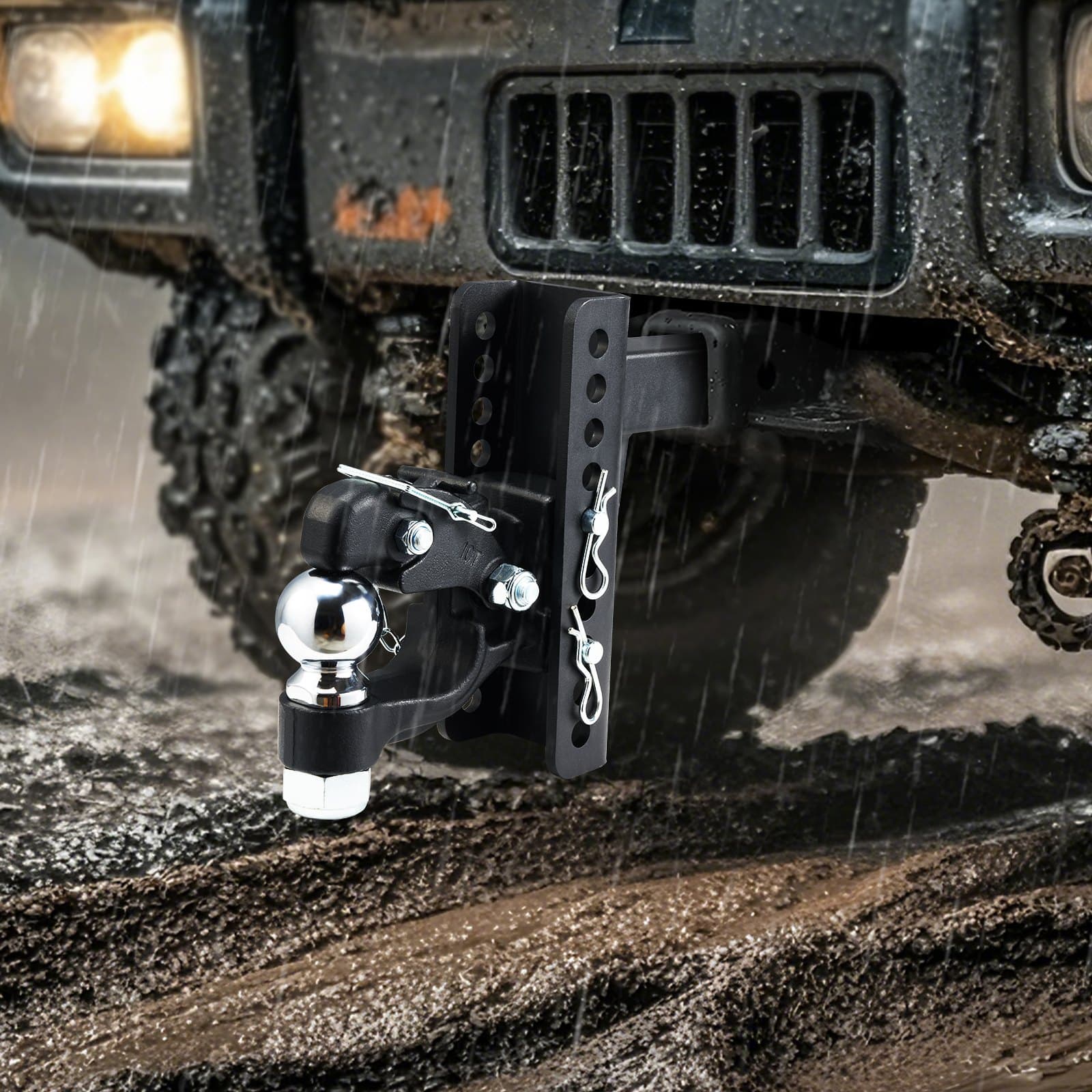 Nastavitelný čepový hák, 20000 liber, čepový závěs pro 2" tažný přijímač, vojenský přijímač, kombinovaná tažná koule 2-5/16", pasuje na kroužek lunety 2,5–3", pokles 6", černý práškový povlak