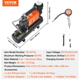 12 V, odolný vzduchový kompresor se soupravou nádob 6 l, přenosné čerpadlo na pneumatiky 6,35 CFM, 150 PSI, terénní kompresor se digitálním manometrem pro huštění pneumatik u nákladních vozů, osobních vozů, SUV, 4x4 a obytných vozidel - miniatura 11