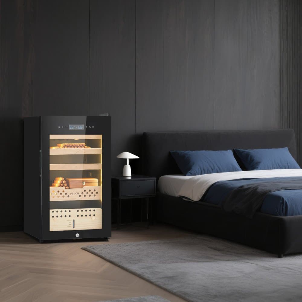 Elektrický humidor, 70 l, 400 kusů, elektrická doutníková skříňka s kompresorovým chlazením, konstantní regulací vlhkosti a teploty, policemi a zásuvkami ze španělského cedru, 4 úrovně, pro domácnost