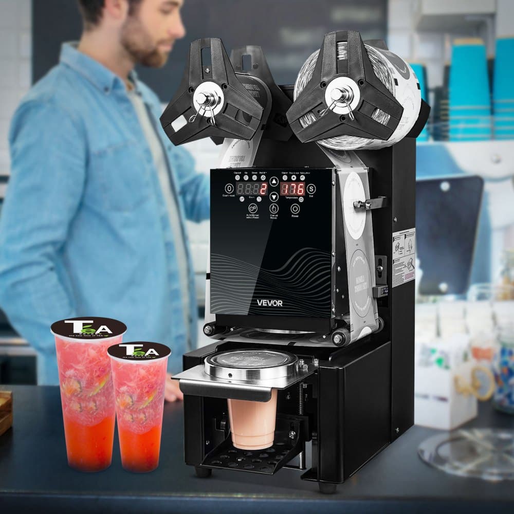 Plně automatický zavírací stroj na kelímky, 500-650 šálků/hod, zavírací stroj na kelímky o výšce 190 mm a 90/95 mm, elektrický zavírací stroj na čaj Boba s digitálním ovládáním LCD panelu pro bublinkový čaj s mlékem, černý