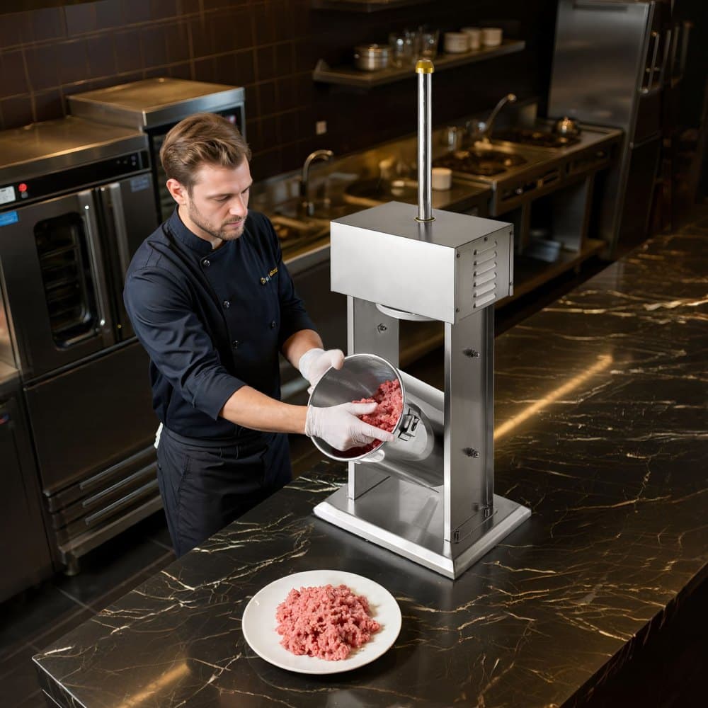 Elektrická plnička klobás, vertikální plnička masa 12 l, plynulá regulace rychlosti a nožní pedál, nerezová ocel, odolná plnička klobás se 4 plnicími trubicemi, pro komerční i domácí použití