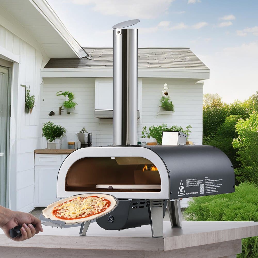 Venkovní pec na pizzu, 12palcová pec na pizzu na dřevo, peletová pec na pizzu s teploměrem a elektrickým otáčením, přenosný stroj na pizzu pro venkovní kempování na zahradě, terase, kámen na pizzu, přepravní taška, lopata