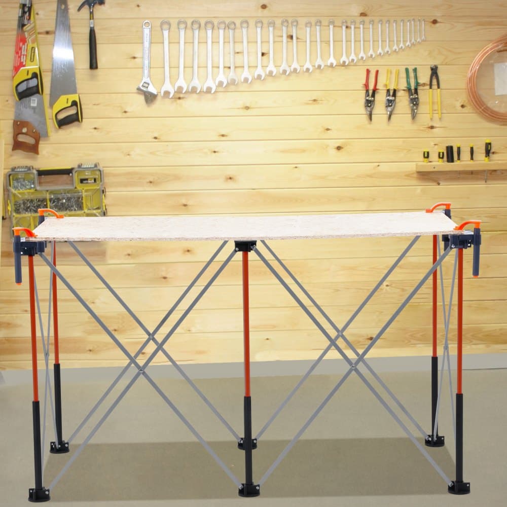 Přenosný skládací pracovní stojan, skládací pracovní stůl 1267 x 665 mm, nosnost 1135 kg, bez montáže, skládací pracovní stojan s úložným vakem, deska stolu NENÍ součástí balení, pro garáž a dílnu, venkovní použití