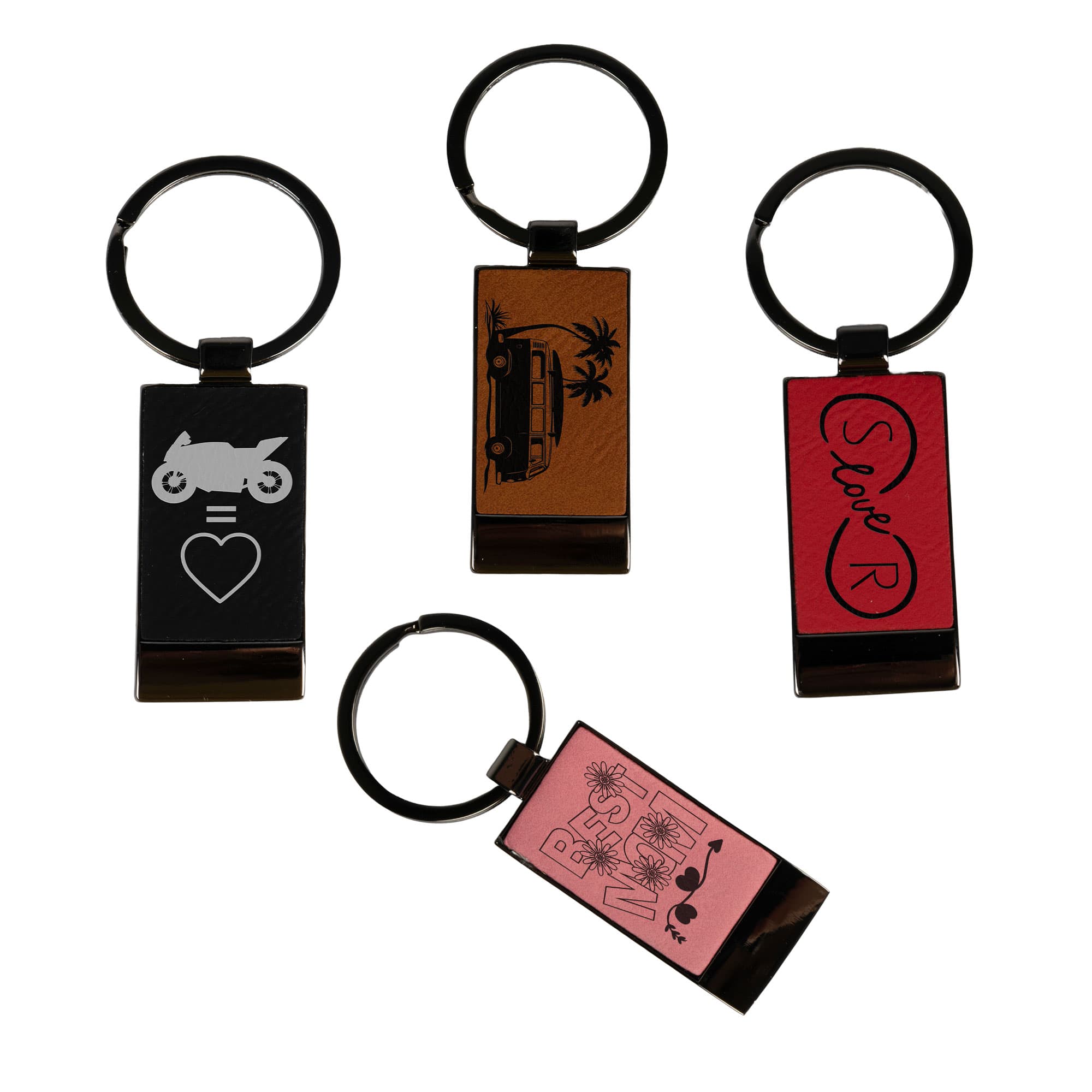 Kovový laserový přívěsek na klíče s koženkovou vložkou 25 x 58 mm, různé barvy