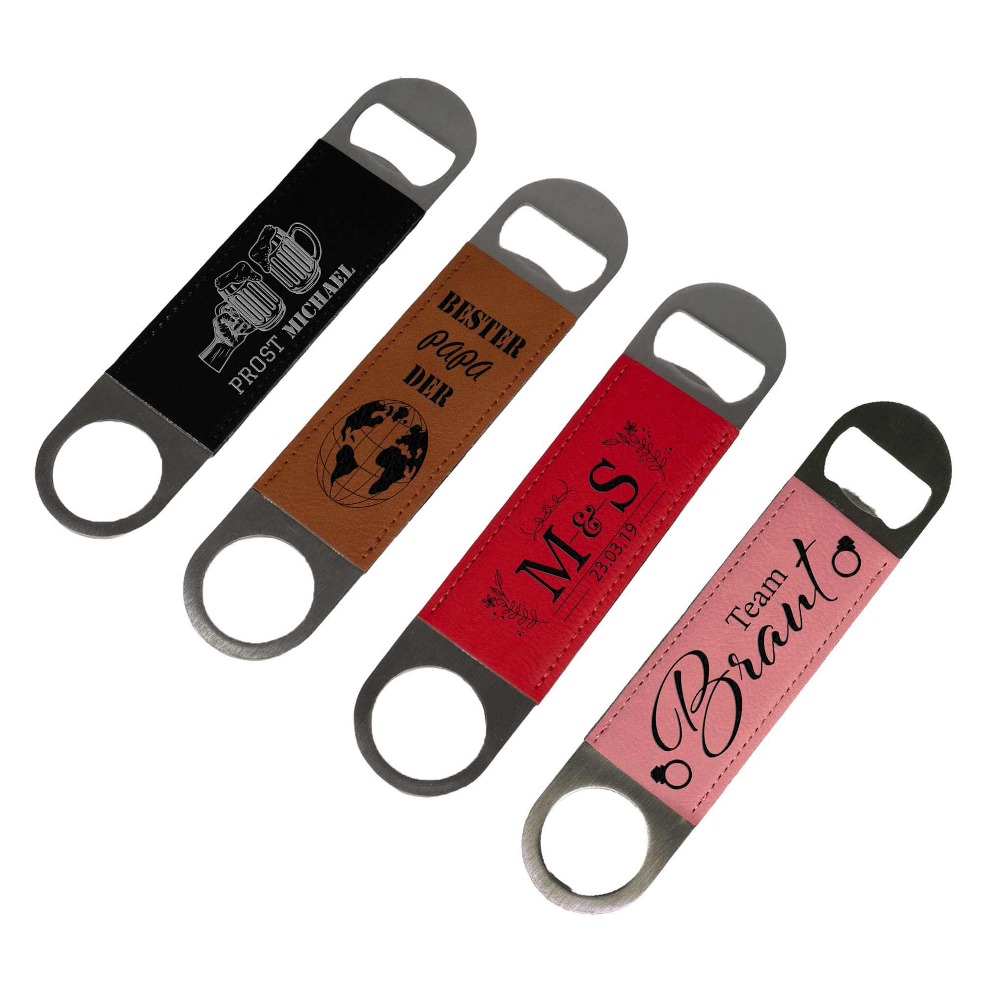 Laserový otvírák na lahve z nerezové oceli s potahem z imitace kůže 40 x 117 mm, různé barvy