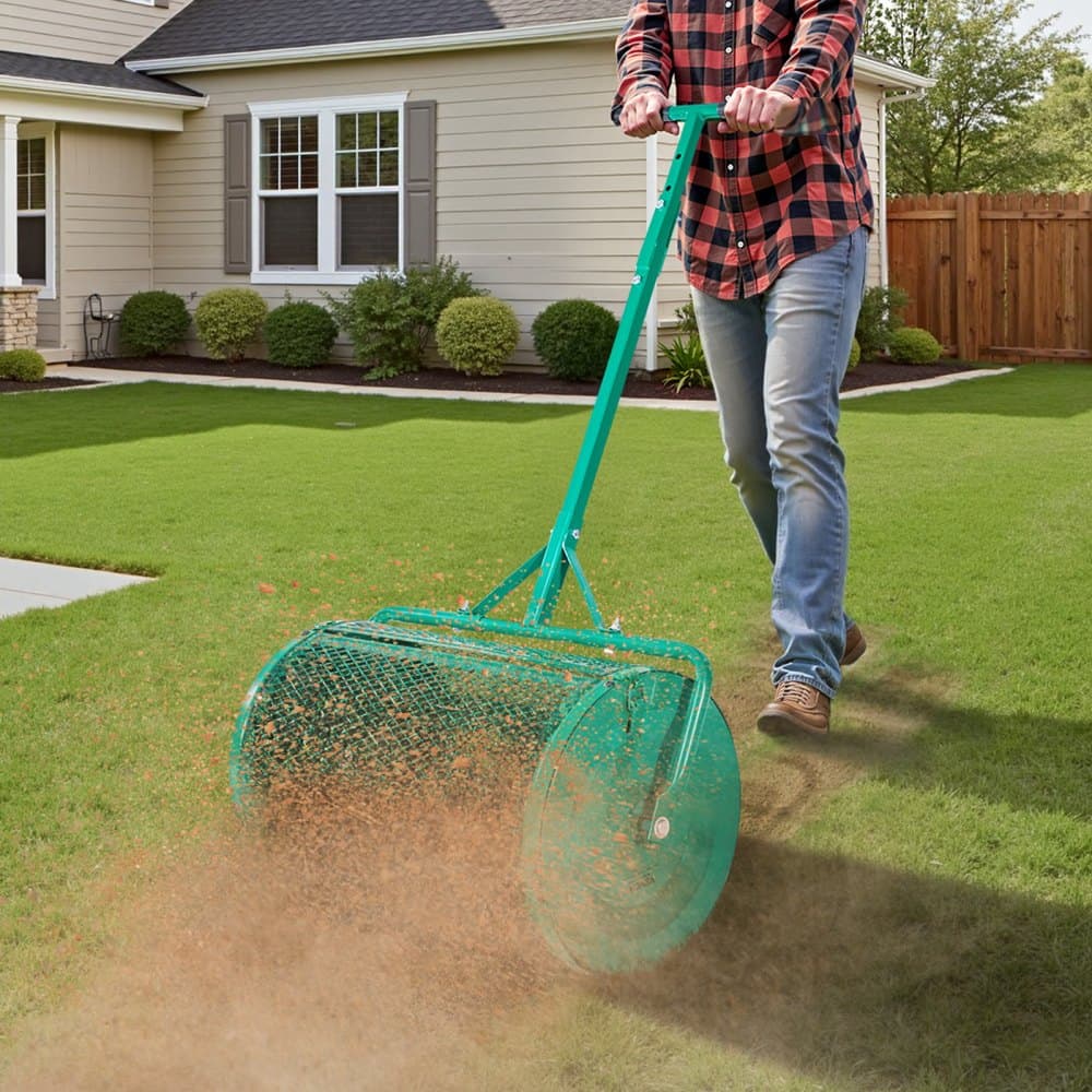 Rozmetadlo kompostu, rozmetadlo rašeliny o šířce 24 palců s rukojetí pro tlačení/tažení, nastavitelné ve 4 výškách, zahradní rašelinový válec z práškově lakované oceli, vysoce odolné rozmetadlo travních semen pro sázení a setí