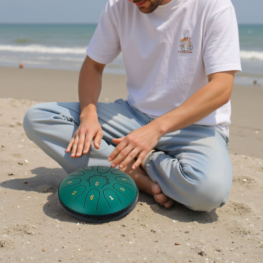 Ocelový bubínek s jazýčkem, 16,5 cm, 11 tónů, dešťový bubínek pro venkovní zahradu, hudební bubny D dur s notovou knihou a paličkami, bicí nástroj pro meditaci, jógu, hudební výchovu pro začátečníky, zelený