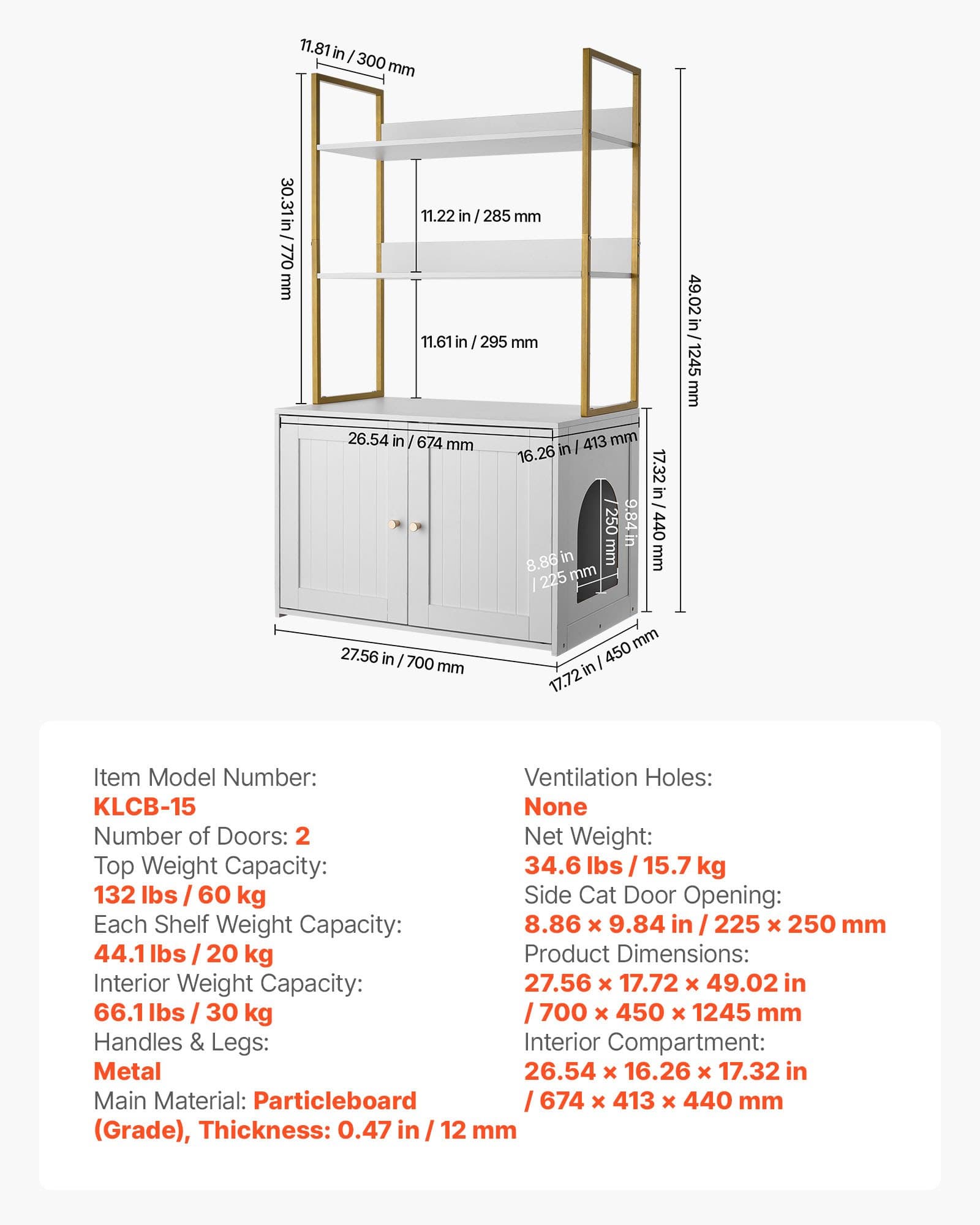 Nábytek do kočičí toalety, 70 cm skrytá skříňka na kočičí toaletu s kovovými nohami a 2patrovými úložnými policemi, vodotěsná kočičí toaleta, kočičí bouda, vhodná do většiny kočičích toalet, do obývacího pokoje