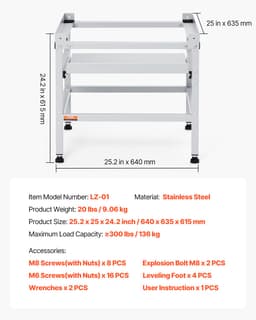 Stojan na pračku, podstavec pro pračku 25,2 x 25 palců, nosnost 136 kg, podstavec pro pračku a sušičku s podnosem, 4 nastavitelné nožičky pro zvedání praček, uhlíková ocel - miniatura 21