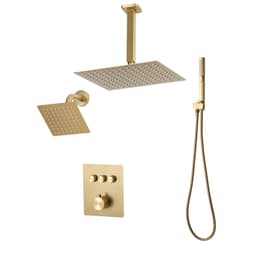Sprchová baterie, termostatická stropní sprchová baterie 305 mm s nástěnnou hlavicí 152 mm a ruční sprchou 2 v 1, 3funkční dvojitá dešťová hlavice, mosazný ventil, kartáčované zlato - miniatura 3