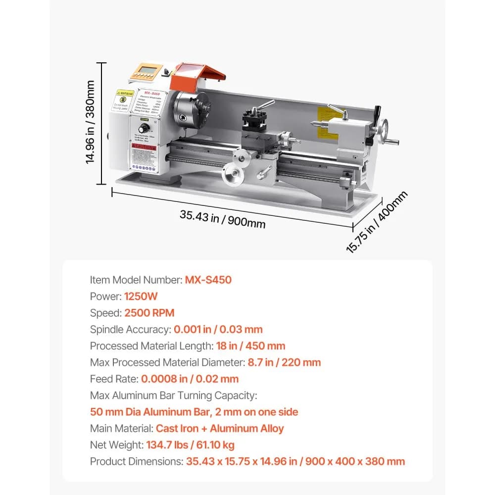 Soustruh na kov, 220 x 450 mm (8,7 x 18 palců), Přesný stolní soustruh na kov, automatický posuv, proměnná rychlost 0–2500 ot./min, bezkartáčový motor 1250 W, pro zpracování přesných dílů z měkkých kovů a dřeva a plastů