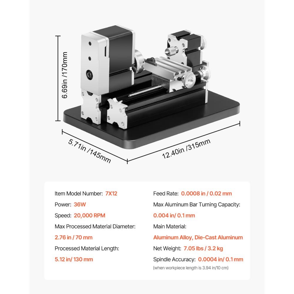 Didaktický mini soustruh na kov, 70 x 130 mm (2,76 x 5,12 palce), výkonný soustruh na kov 36 W, otáčky 20 000 ot./min, s 3čelisťovým sklíčidlem, ruční kolo z hliníkové slitiny, pro zpracování přesných dílů z měkkých kovů a dřeva a plastů