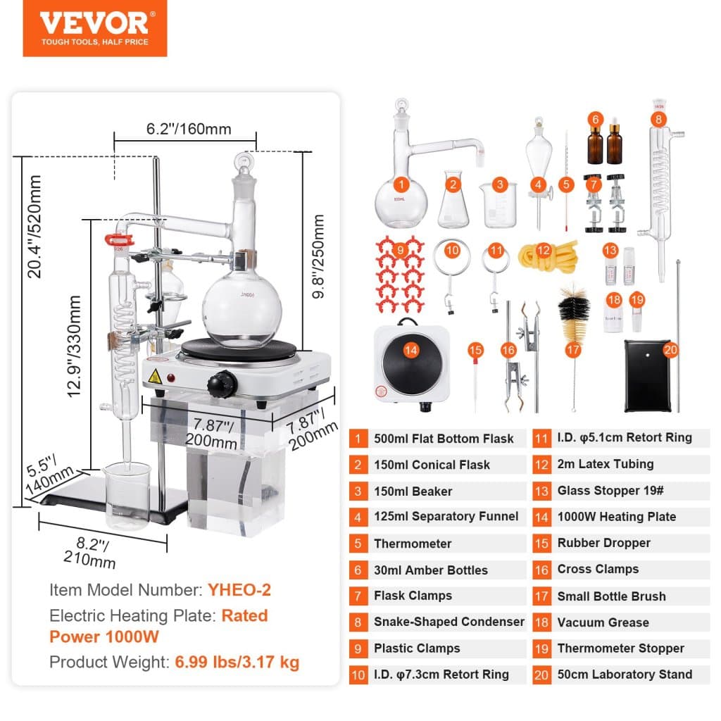 Sada pro destilaci éterických olejů, destilační přístroj 500 ml, destilační souprava Boro laboratorního skla 3.3 s topnou deskou 1000 W a hrdly 24, 40 prvků, 33dílná sada