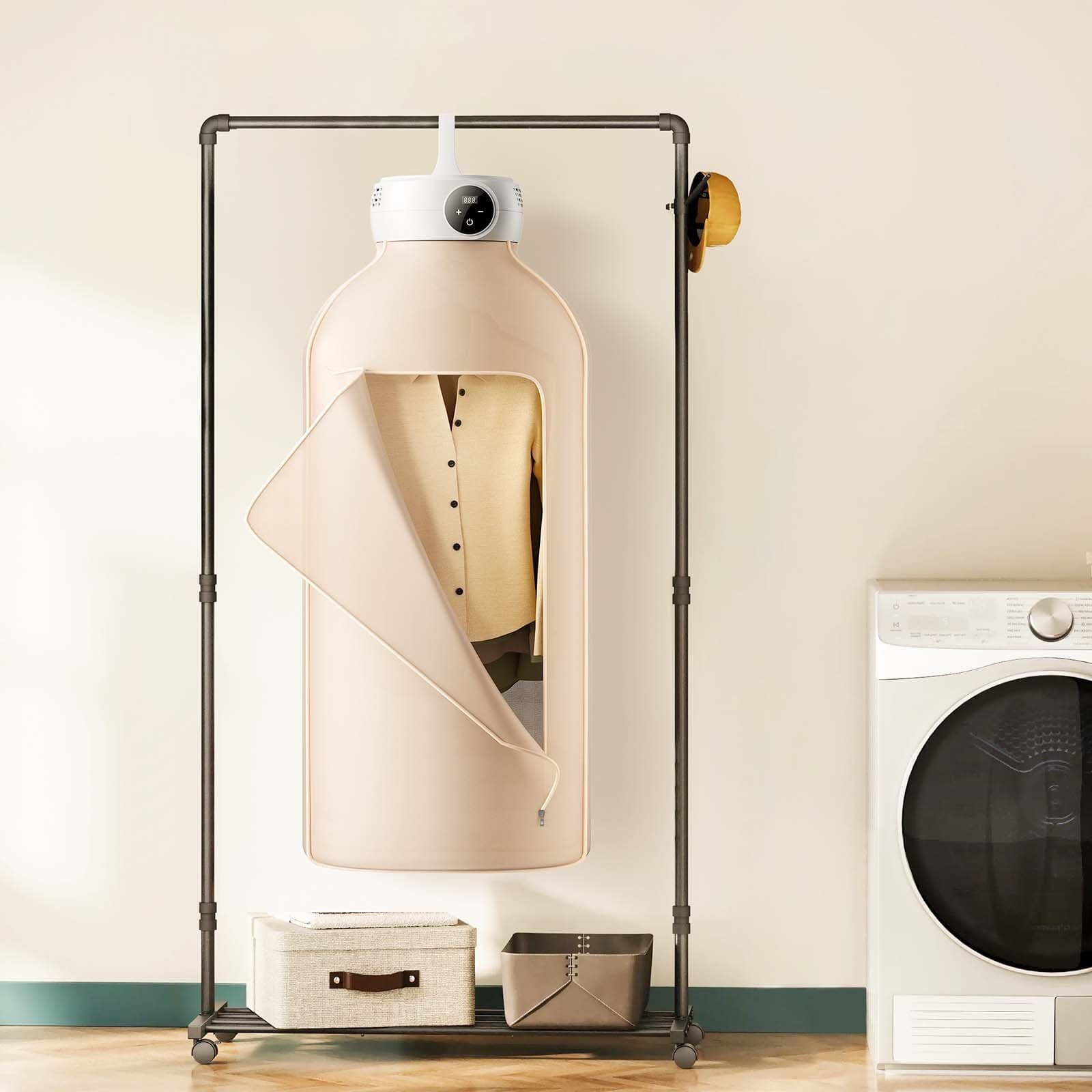 Přenosná sušička na oblečení s taškou, PTC ohřev a LED displej, skládací mini sušička s 5hodinovým časovačem pro apartmány, koleje, karavany nebo hotely, 600 W, béžová